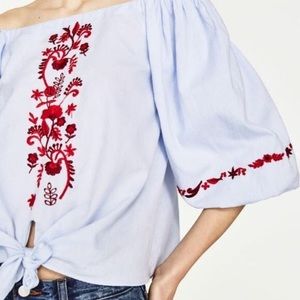 Zara off shoulder floral embroidered blouse